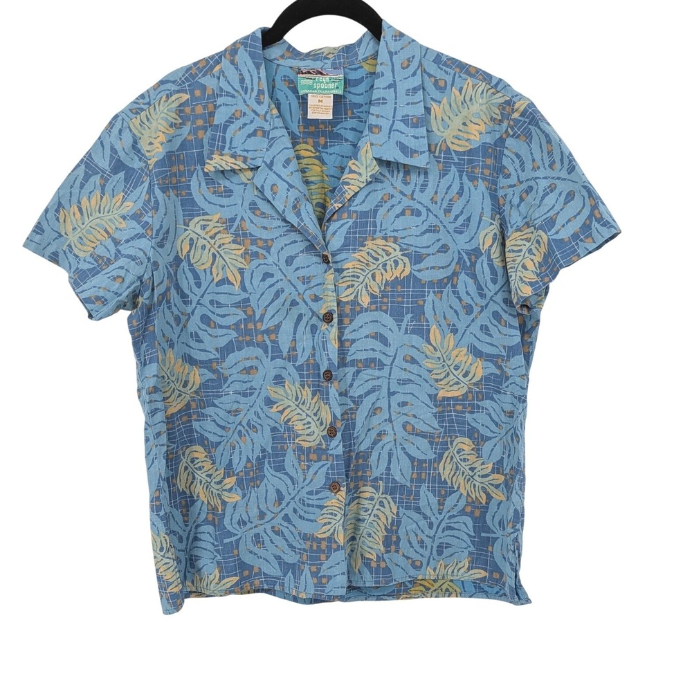 Reyn Spooner Shirt Women Medium Blue Tropical Leaf Print Button Front Aloha Top